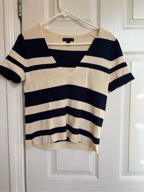 J. Crew Navy and Cream Striped V-Neck Short Sleeve Top